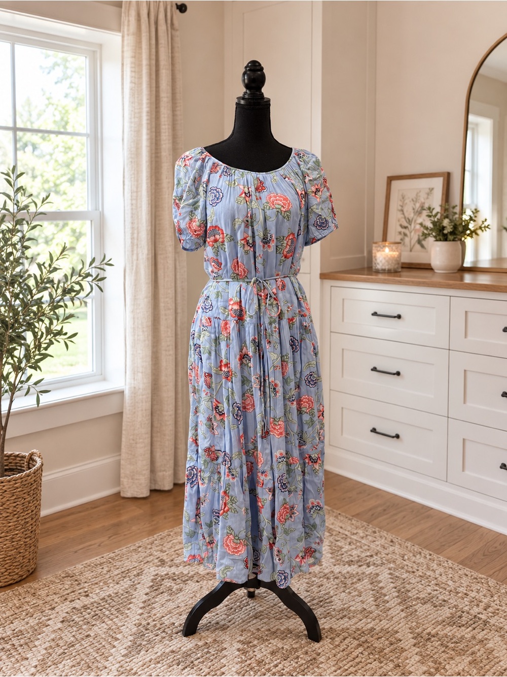 LOFT Floral Tie Waist A-Line Dress Scoop Neck Puff Short Lined Sleeve Maxi Dress